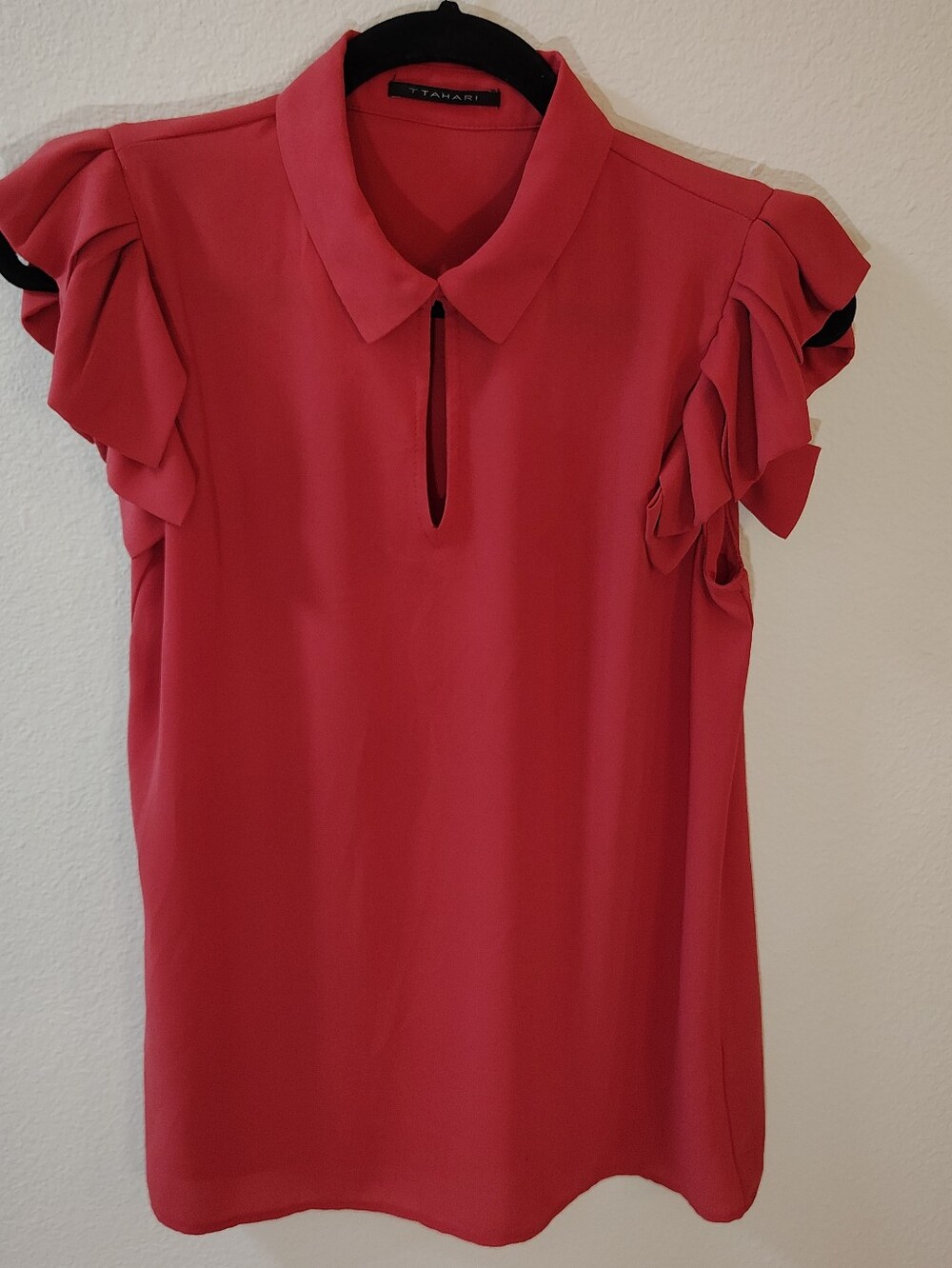 Red T Tahari Blouse/Top with a  Ruffle Cap Sleeve & Button Key Hole Collar ~NWOT